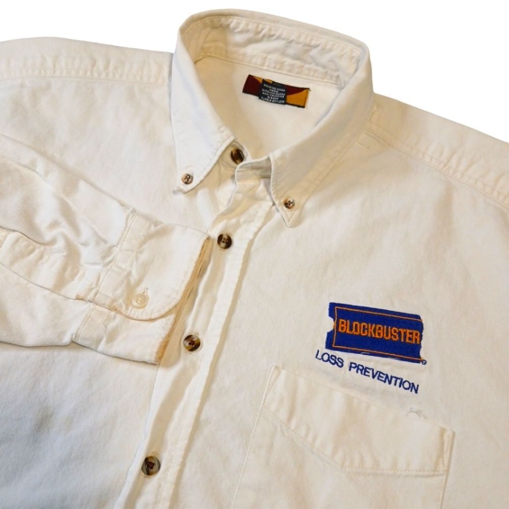 Blockbusters Loss Prevention VTG White Long‎ Sleeve Button Up Shirt Large/FLAW